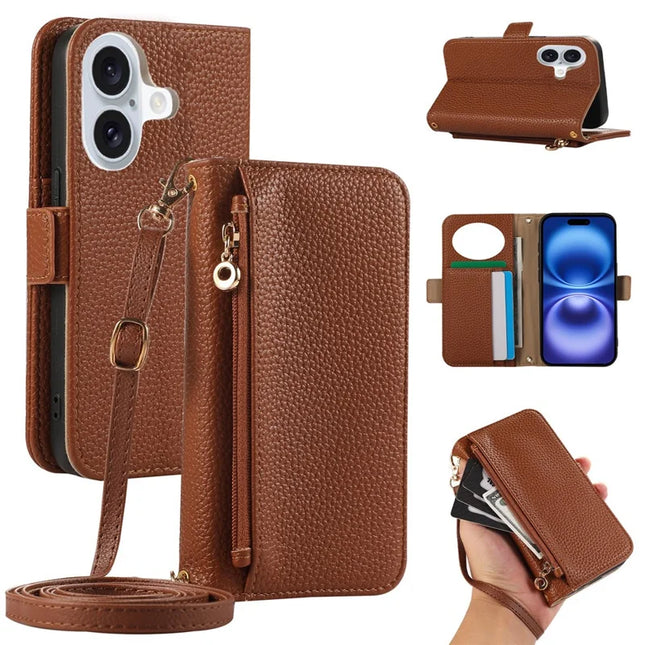 For iPhone 16 Plus Wallet Phone Case Shockproof TPU+PU Leather Flip Cover with Mirror, Strap - Brown