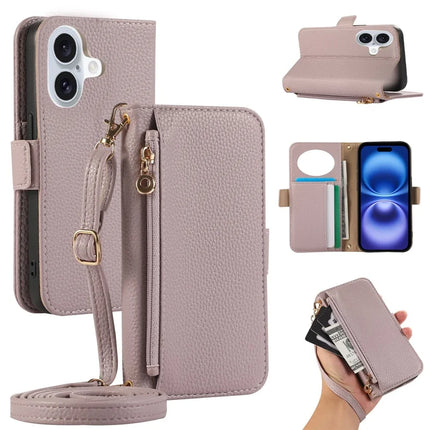 For iPhone 16 Plus Wallet Phone Case Shockproof TPU+PU Leather Flip Cover with Mirror, Strap - Purple