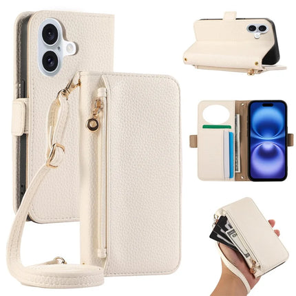 For iPhone 16 Plus Wallet Phone Case Shockproof TPU+PU Leather Flip Cover with Mirror, Strap - White