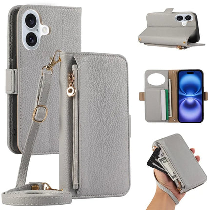 For iPhone 16 Plus Wallet Phone Case Shockproof TPU+PU Leather Flip Cover with Mirror, Strap - Grey Blue