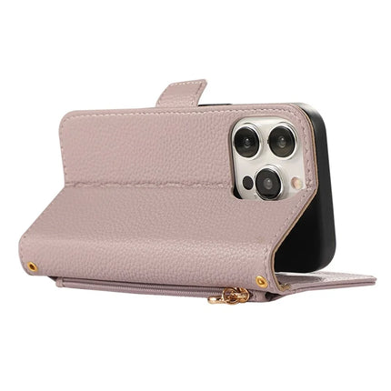 For iPhone 16 Pro Wallet Phone Case Shockproof TPU+PU Leather Flip Cover with Mirror, Strap