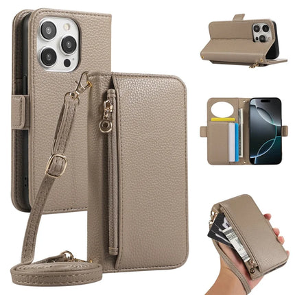 For iPhone 16 Pro Wallet Phone Case Shockproof TPU+PU Leather Flip Cover with Mirror, Strap - Khaki