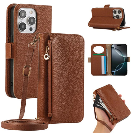 For iPhone 16 Pro Wallet Phone Case Shockproof TPU+PU Leather Flip Cover with Mirror, Strap - Brown