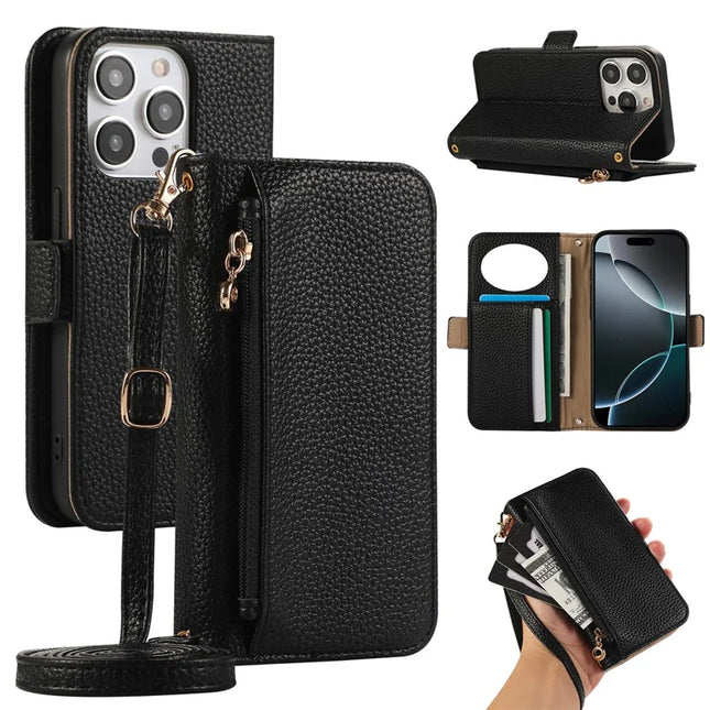 For iPhone 16 Pro Max Wallet Phone Case Shockproof TPU+PU Leather Flip Cover with Mirror, Strap - Black