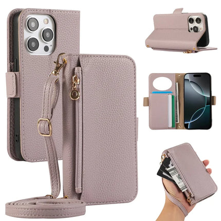 For iPhone 16 Pro Max Wallet Phone Case Shockproof TPU+PU Leather Flip Cover with Mirror, Strap - Purple