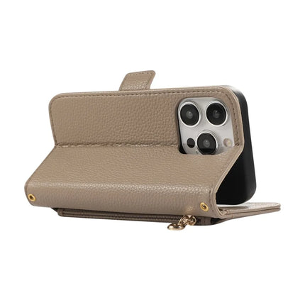 For iPhone 16 Pro Max Wallet Phone Case Shockproof TPU+PU Leather Flip Cover with Mirror, Strap
