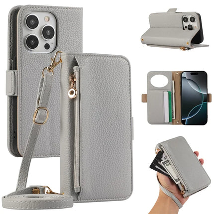 For iPhone 16 Pro Max Wallet Phone Case Shockproof TPU+PU Leather Flip Cover with Mirror, Strap - Grey Blue