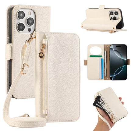 For iPhone 16 Pro Max Wallet Phone Case Shockproof TPU+PU Leather Flip Cover with Mirror, Strap - White