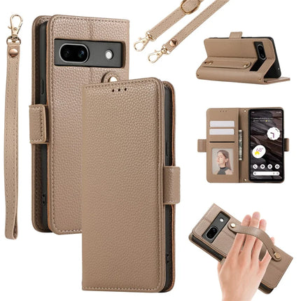 For Google Pixel 7a Leather Case with Card Holder, Straps, Shockproof Wallet Phone Cover - Khaki