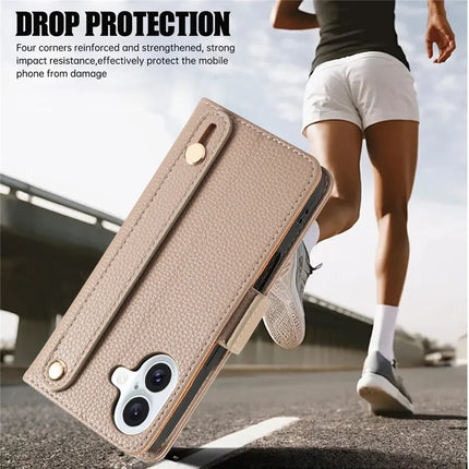 For iPhone 16 Plus Leather Case with Card Holder, Straps, Shockproof Wallet Phone Cover