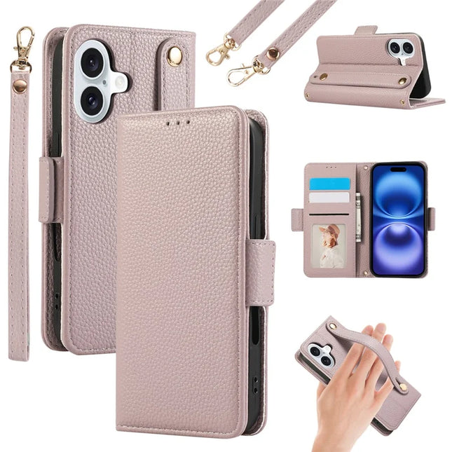 For iPhone 16 Plus Leather Case with Card Holder, Straps, Shockproof Wallet Phone Cover - Purple