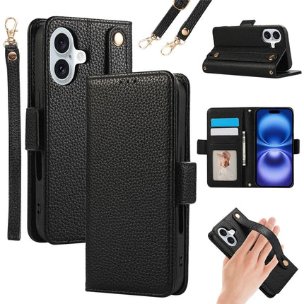 For iPhone 16 Plus Leather Case with Card Holder, Straps, Shockproof Wallet Phone Cover - Black