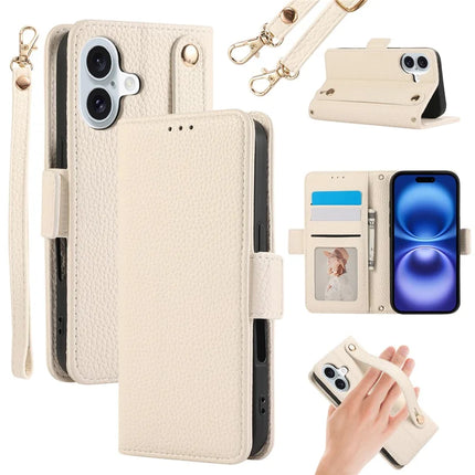 For iPhone 16 Plus Leather Case with Card Holder, Straps, Shockproof Wallet Phone Cover - Beige