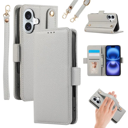 For iPhone 16 Plus Leather Case with Card Holder, Straps, Shockproof Wallet Phone Cover - Grey Blue