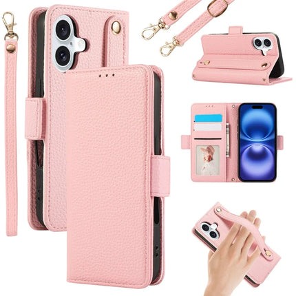 For iPhone 16 Plus Leather Case with Card Holder, Straps, Shockproof Wallet Phone Cover - Pink