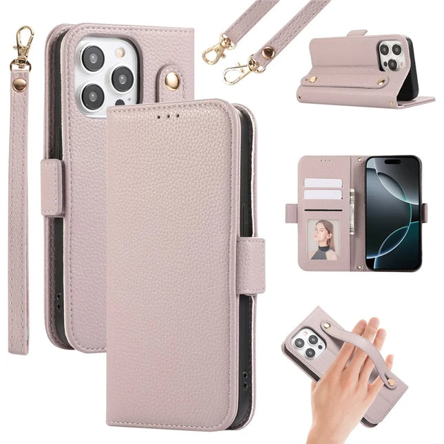 For iPhone 16 Pro Max Leather Case with Card Holder, Straps, Shockproof Wallet Phone Cover - Purple