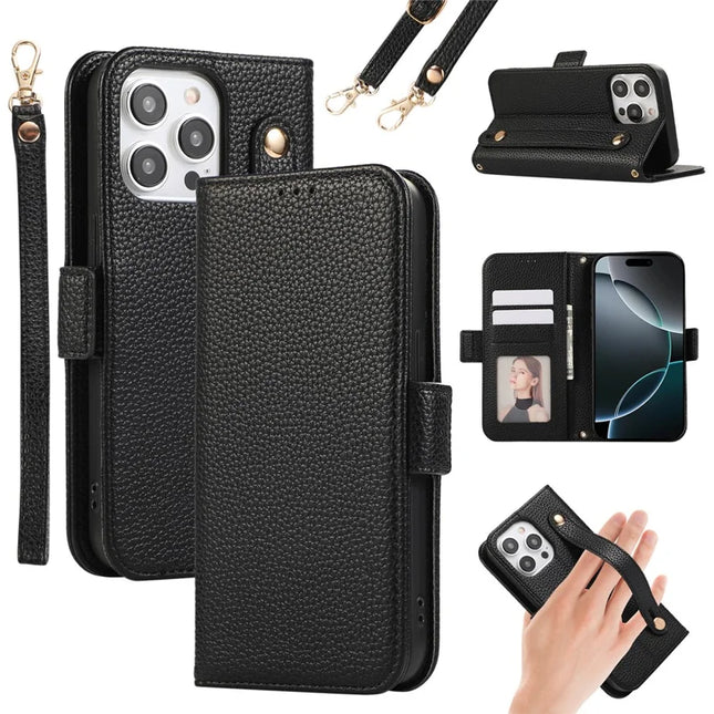 For iPhone 16 Pro Max Leather Case with Card Holder, Straps, Shockproof Wallet Phone Cover - Black