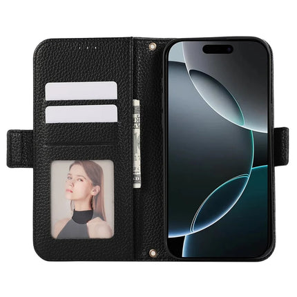 For iPhone 16 Pro Max Leather Case with Card Holder, Straps, Shockproof Wallet Phone Cover
