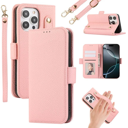 For iPhone 16 Pro Max Leather Case with Card Holder, Straps, Shockproof Wallet Phone Cover - Pink