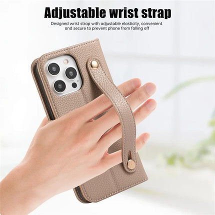 For iPhone 16 Pro Max Leather Case with Card Holder, Straps, Shockproof Wallet Phone Cover