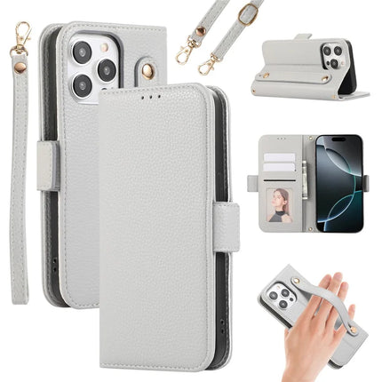 For iPhone 16 Pro Max Leather Case with Card Holder, Straps, Shockproof Wallet Phone Cover - Grey Blue