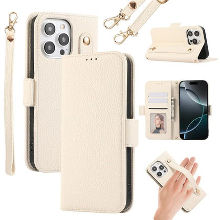 For iPhone 16 Pro Max Leather Case with Card Holder, Straps, Shockproof Wallet Phone Cover - Beige