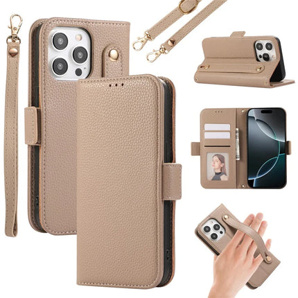 For iPhone 15 Pro Max Leather Case with Card Holder, Straps, Shockproof Wallet Phone Cover - Khaki