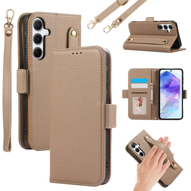 For Samsung Galaxy A54 5G Leather Case with Card Holder, Straps, Shockproof Wallet Phone Cover - Khaki