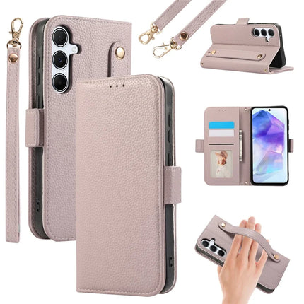 For Samsung Galaxy A54 5G Leather Case with Card Holder, Straps, Shockproof Wallet Phone Cover - Purple