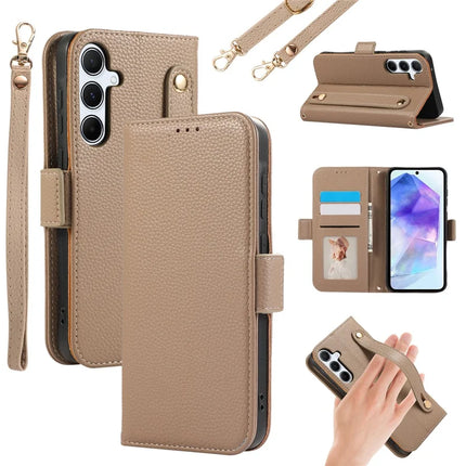 For Samsung Galaxy A35 5G Leather Case with Card Holder, Straps, Shockproof Wallet Phone Cover - Khaki