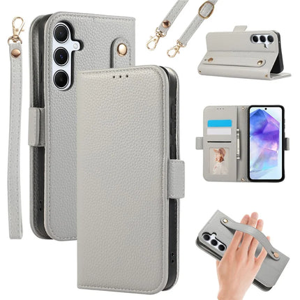 For Samsung Galaxy A35 5G Leather Case with Card Holder, Straps, Shockproof Wallet Phone Cover - Grey Blue