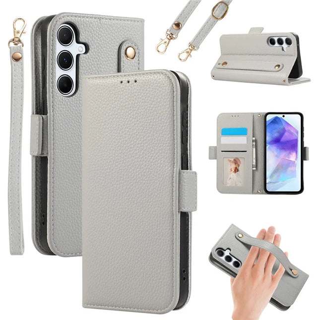 For Samsung Galaxy A35 5G Leather Case with Card Holder, Straps, Shockproof Wallet Phone Cover - Grey Blue
