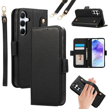 For Samsung Galaxy A35 5G Leather Case with Card Holder, Straps, Shockproof Wallet Phone Cover - Black