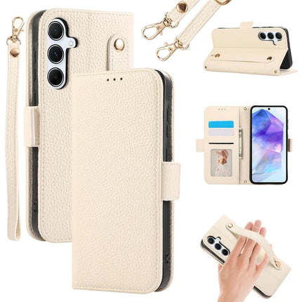 For Samsung Galaxy A35 5G Leather Case with Card Holder, Straps, Shockproof Wallet Phone Cover - Beige