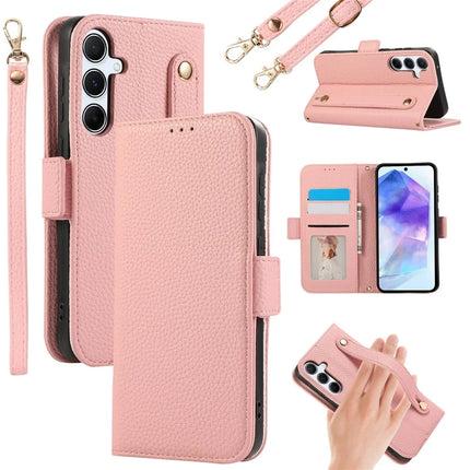 For Samsung Galaxy A35 5G Leather Case with Card Holder, Straps, Shockproof Wallet Phone Cover - Pink