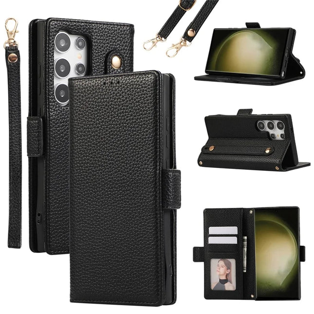 For Samsung Galaxy S23 Ultra Leather Case with Card Holder, Straps, Shockproof Wallet Phone Cover - Black