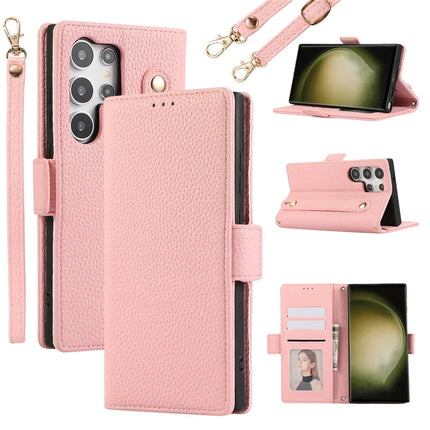 For Samsung Galaxy S23 Ultra Leather Case with Card Holder, Straps, Shockproof Wallet Phone Cover - Pink