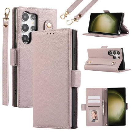 For Samsung Galaxy S23 Ultra Leather Case with Card Holder, Straps, Shockproof Wallet Phone Cover - Purple