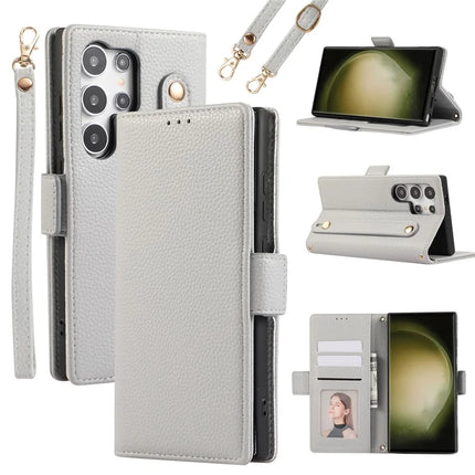 For Samsung Galaxy S23 Ultra Leather Case with Card Holder, Straps, Shockproof Wallet Phone Cover - Grey Blue