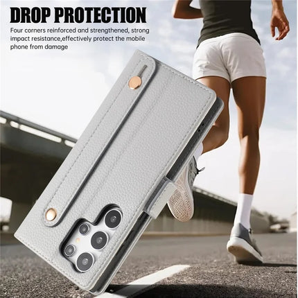 For Samsung Galaxy S23 Ultra Leather Case with Card Holder, Straps, Shockproof Wallet Phone Cover