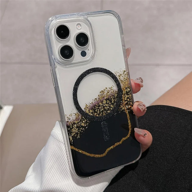 For iPhone 15 Pro Max Case Compatible with MagSafe Epoxy Marble Texture PC+TPU Phone Cover - Black
