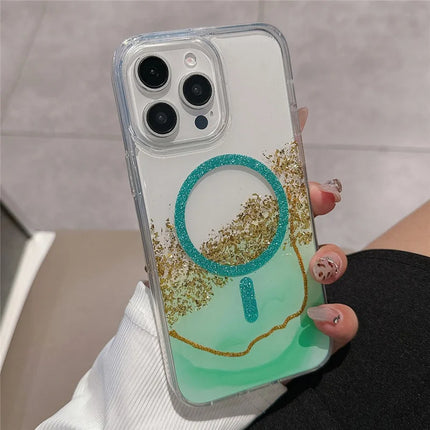 For iPhone 15 Pro Max Case Compatible with MagSafe Epoxy Marble Texture PC+TPU Phone Cover - Green