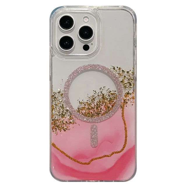 For iPhone 15 Pro Case Compatible with MagSafe Epoxy Marble Texture PC+TPU Phone Cover - Pink
