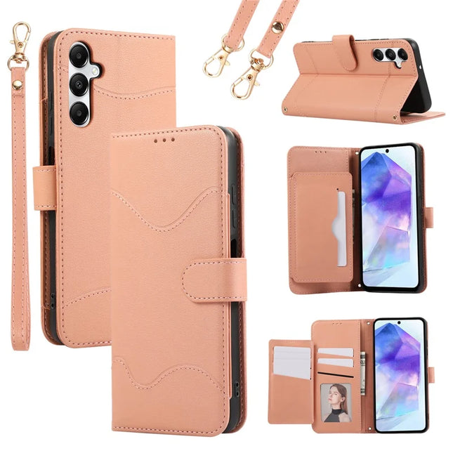 For Samsung Galaxy A55 5G Leather Phone Case with Card Holder, Wallet, Straps Protective Flip Cover - Pink