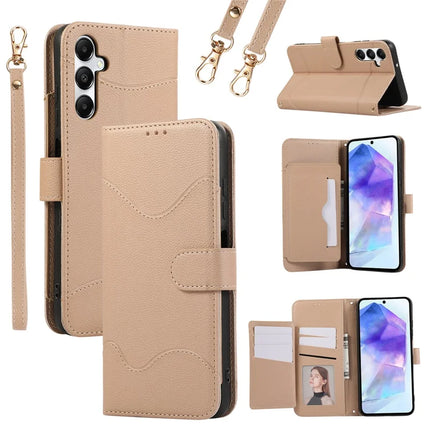 For Samsung Galaxy A15 5G / 4G Leather Phone Case with Card Holder, Wallet, Straps Protective Flip Cover - Khaki