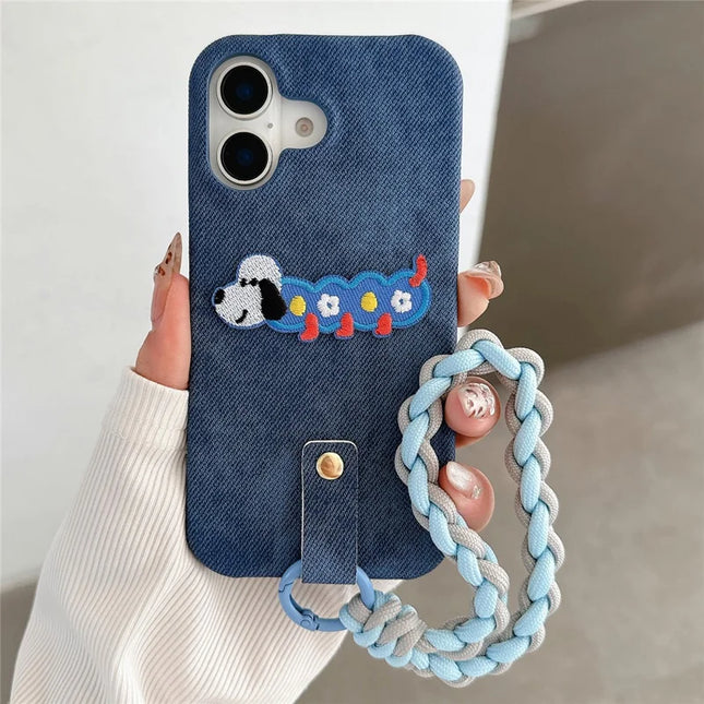 For iPhone 16 Case Jean Cloth PU+PC Phone Back Cover with Braided Handy Strap, Dog Pattern - Dark Blue