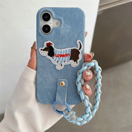For iPhone 16 Plus Case Jean Cloth PU+PC Phone Back Cover with Braided Handy Strap, Dog Pattern