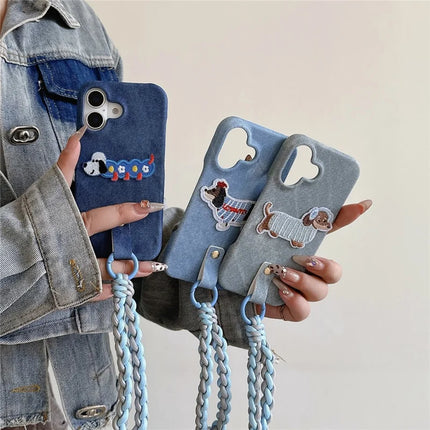 For iPhone 16 Plus Case Jean Cloth PU+PC Phone Back Cover with Braided Handy Strap, Dog Pattern