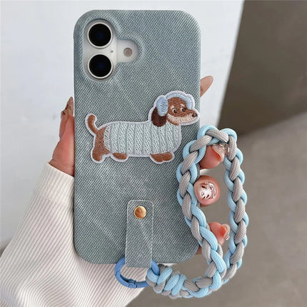 For iPhone 16 Plus Case Jean Cloth PU+PC Phone Back Cover with Braided Handy Strap, Dog Pattern - Grey