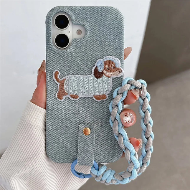 For iPhone 16 Plus Case Jean Cloth PU+PC Phone Back Cover with Braided Handy Strap, Dog Pattern - Grey